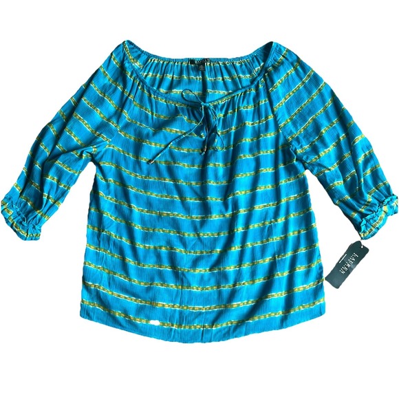 Lauren Ralph Lauren Tops - Lauren Ralph Lauren Turquoise  Stripe Crinkled Cotton Peasant Top Med Sheer NWT